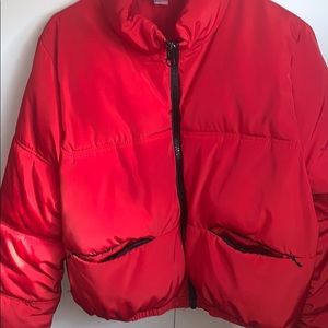 Women red puffer jacket